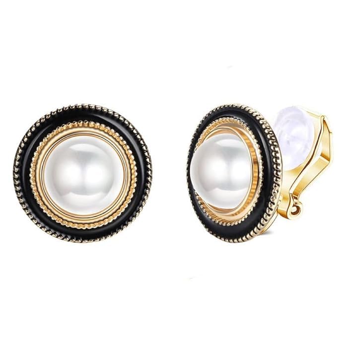 El Regalo Big Pearl Clip On Earrings for Non Pierced Ears- Round Faux Pearl Clip On Fake Non Piercing Earring (Black Enamelled)