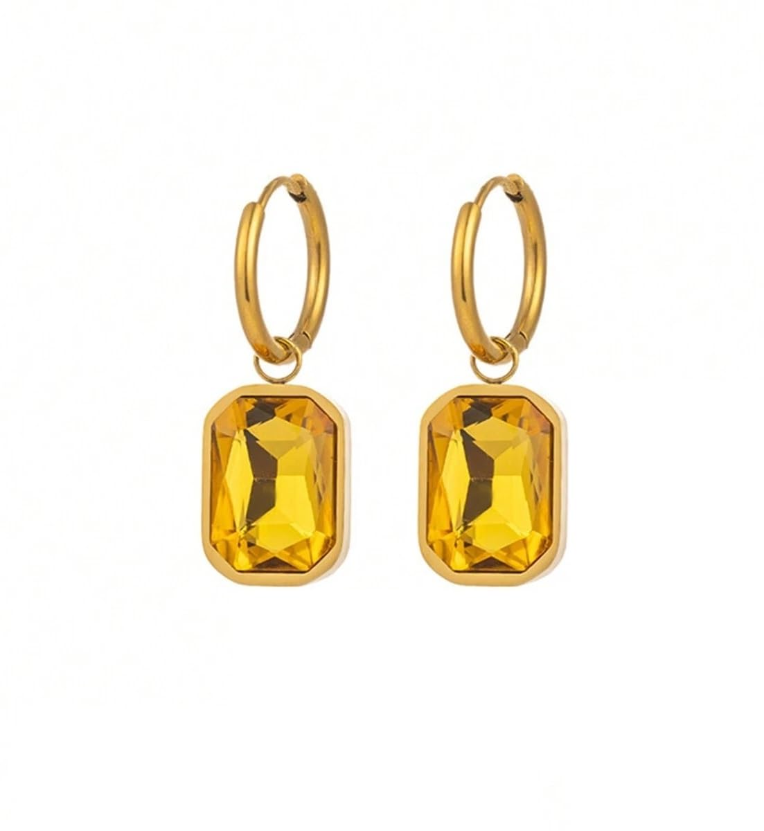 El Regalo Stainless Steel Rectangular Cut Rhinestone Hoop Earrings - Elegant 18K Gold Plated Waterproof Vintage-Inspired Cubic Zirconia Huggie Hoops for Women (Golden Yellow)