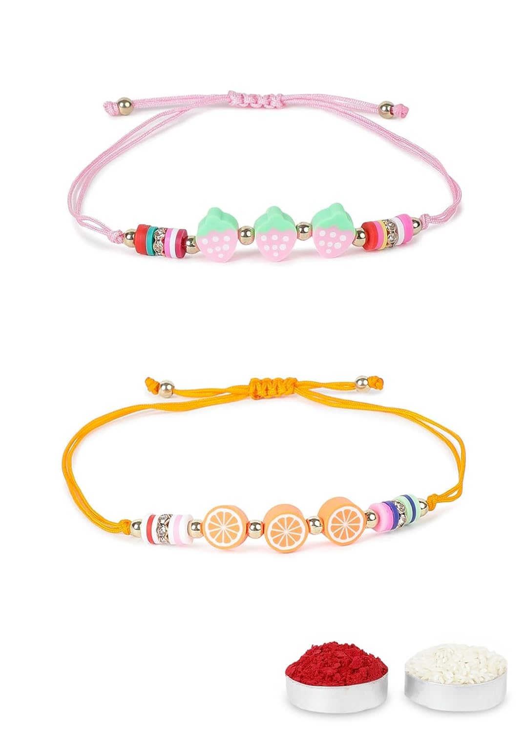 El Regalo 2PCs Cute Kids Fruits Beads Bracelet Rakhis Set for Brother/Bhai - Kids Rakhis with Roli Chawal in Gift Box - Adorable Fruit Charm Rakhis for Boys (Cute Rakhi Set-6)