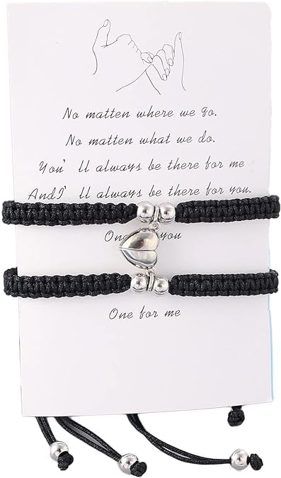 El Regalo Unisex-Adult 2PCs BFF Best Friend Magnetic Heart Couple Bracelet Set for Couples/Best Friends/Besties/Lovers (Both Black Heart)