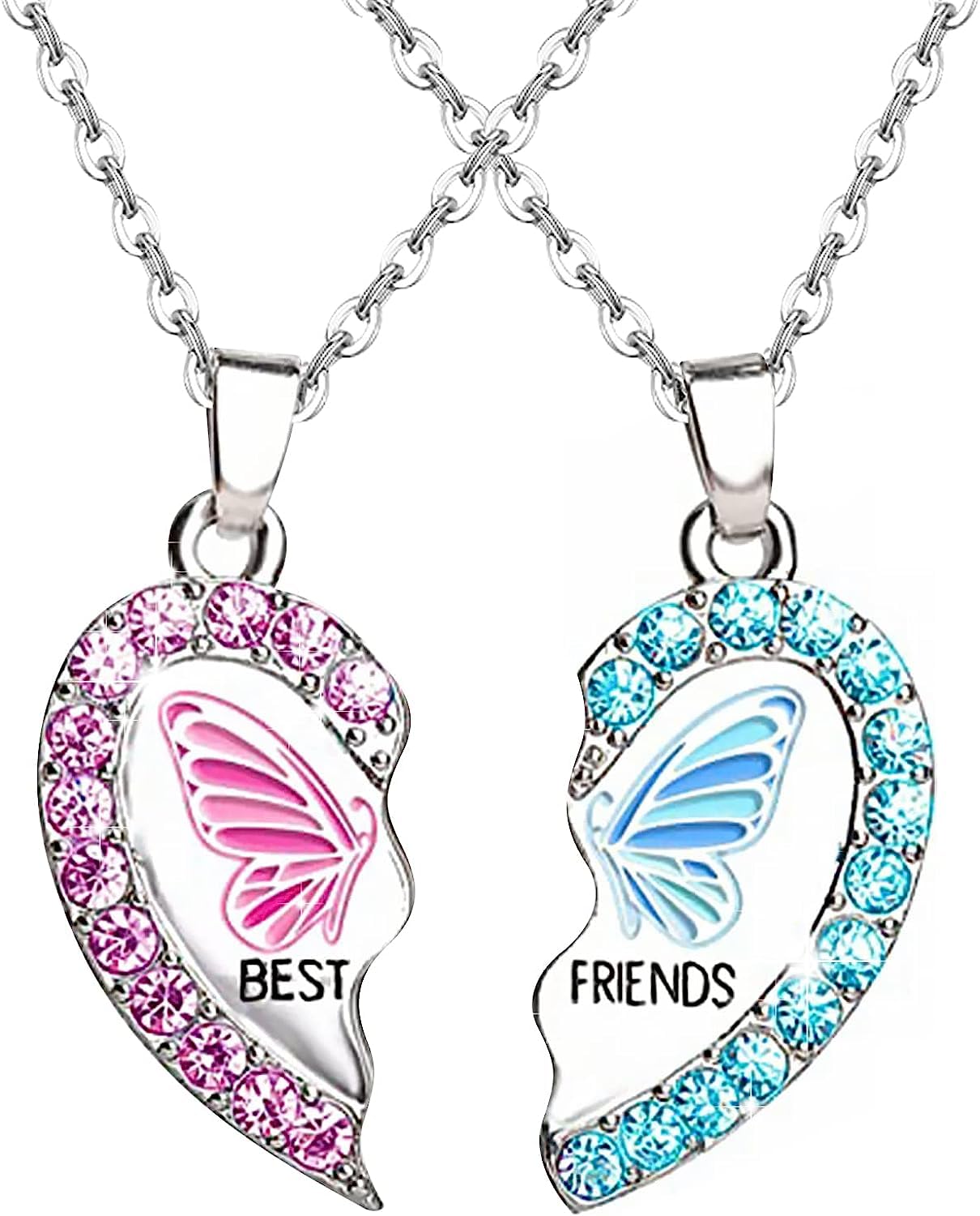 El Regalo 2 Pcs Bff Best Friend Forever Split Magnetic Matching Pendant Necklaces Set- Heart, Flower, Swan, Mermaid, Unicorn Pendant Friendship Necklaces (Pink & Blue Butterfly, Girls)
