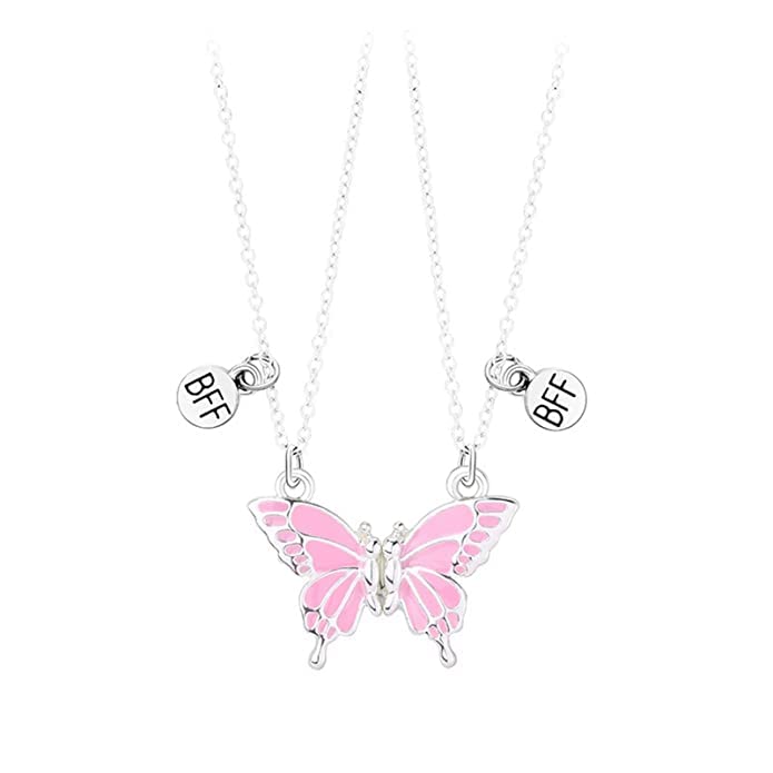 El Regalo Magnetic Butterfly BFF Necklaces for 2, Enamel Butterfly Friendship Magnetic Necklace for Teen Girls Women - Gift for Best Friends/Besties/Sisters (Pink Butterflies)