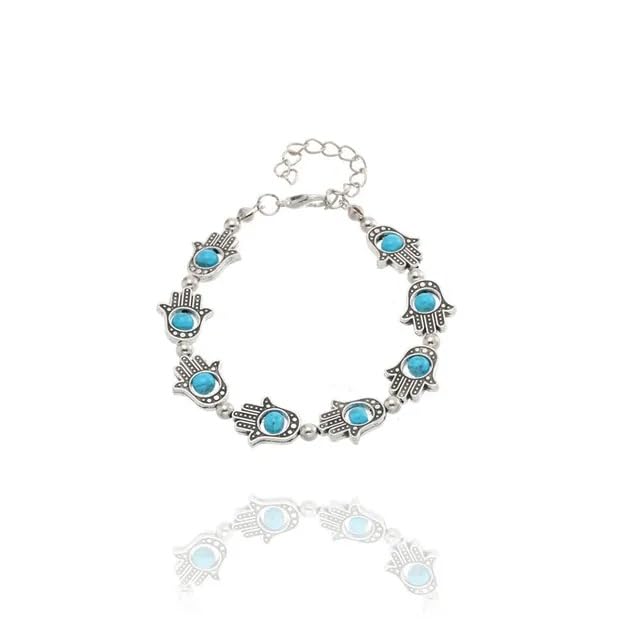 El Regalo Evil Eye Hamsa Hand Turquoise Green Beads Bracelet for Girls & Women- Antique Finish Hamsa Hand Sleek Bracelet (Turquoise Green Beads)