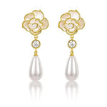 El Regalo Women's & Girl's Elegant White Camellia Flower Pearl Stud Earrings-