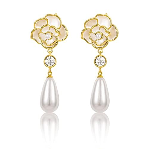 El Regalo Women's & Girl's Elegant White Camellia Flower Pearl Stud Earrings-