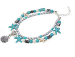 El Regalo Antique Silver Tone Multi Layer Turquoise Beach Beaded Bohemian Fashion Charm Anklets for Women & Girls (Shell Charm)