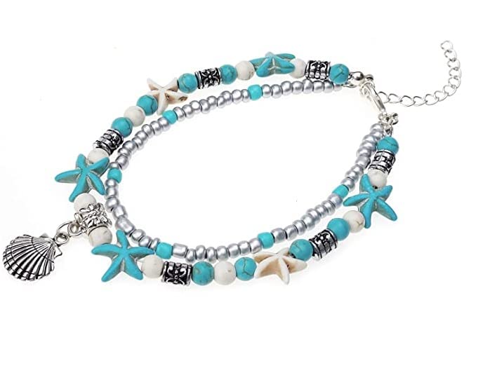 El Regalo Antique Silver Tone Multi Layer Turquoise Beach Beaded Bohemian Fashion Charm Anklets for Women & Girls (Shell Charm)