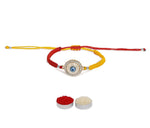 El Regalo 1PC Designer Evil Eye Red & Yellow Mauli Thread Rakhi for Brother - Rakshabandhan CZ Evil Eye Rakhi with Message Card & Roli Chawal in Rakhi Box for Bhaiya/Babhi/Bhatija/Bhatiji