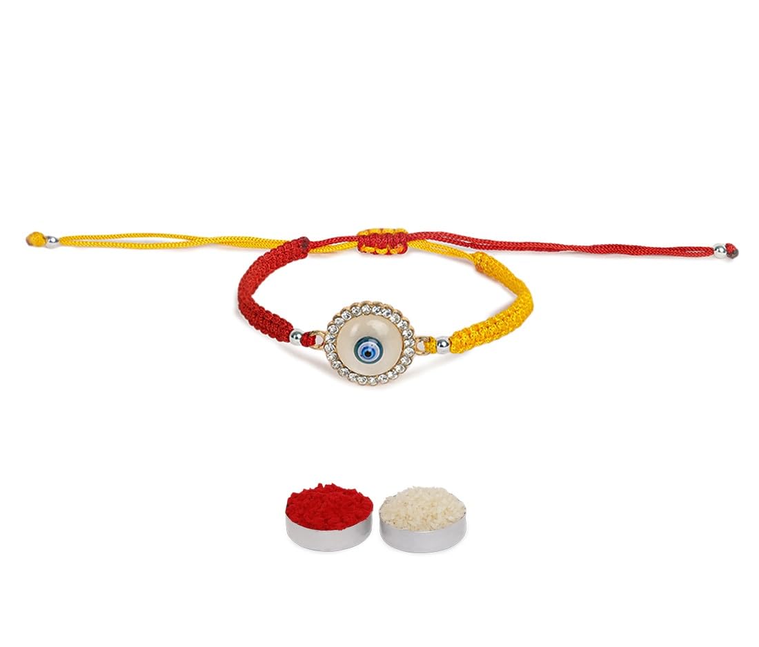 El Regalo 1PC Designer Evil Eye Red & Yellow Mauli Thread Rakhi for Brother - Rakshabandhan CZ Evil Eye Rakhi with Message Card & Roli Chawal in Rakhi Box for Bhaiya/Babhi/Bhatija/Bhatiji