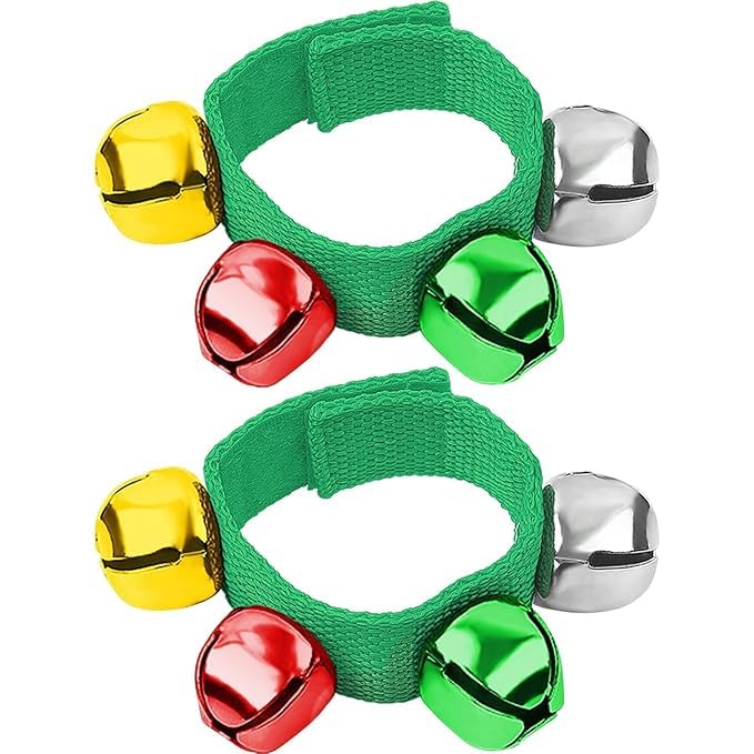 El Regalo 2PCs Jingle Bells Christmas Bracelets | Wrist & Ankle Bells for Party Favors, Musical Rhythm & Christmas Decor | Adjustable Percussion Instruments (Green Multi)