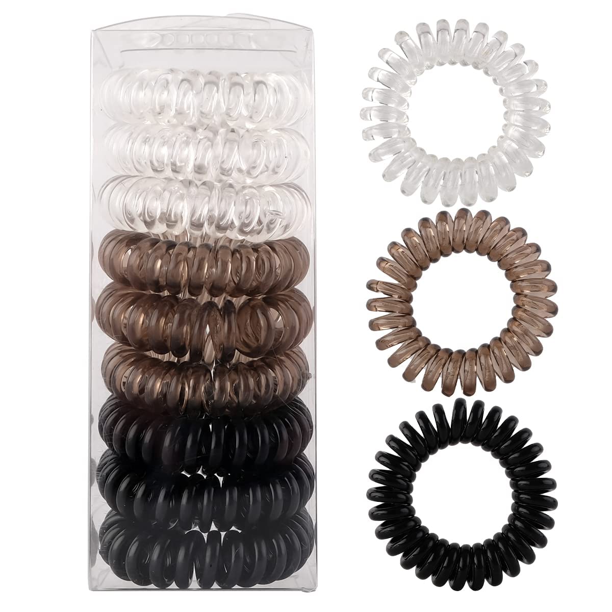 El Regalo 9 Pcs Spiral Hair Ties, No Crease Coil Ties, Phone Cord Ties for Thick Hair - Ponytail Holder Elastics for Kids/Girls/Women (Black Grey Shades)