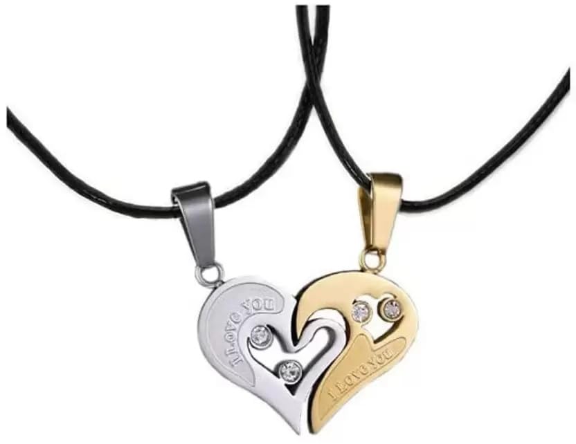 El Regalo 2PCs Stainless Steel Love Heart CZ I Love You Puzzle Matching Couple Pendant Necklaces- Anti Tarnish Best Friend Heart Necklaces for Girls/Boys/Men/Women/Besties (Silver & Golden Hearts)