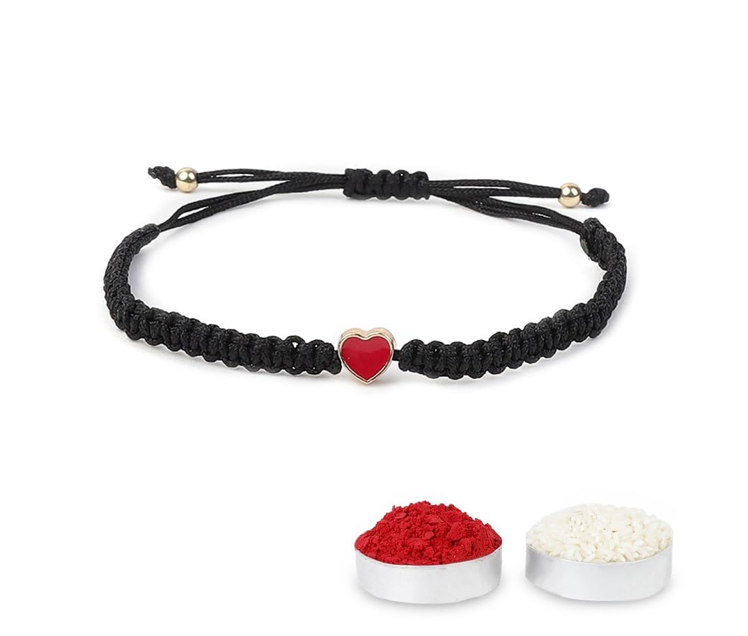 El Regalo 1PC Elegant Heart Bracelet Rakhi for Brother/Bhai with Roli-Chawal & Rakhi Gift Box - Handwoven, Minimalist Design & Beautifully Packed (Black)