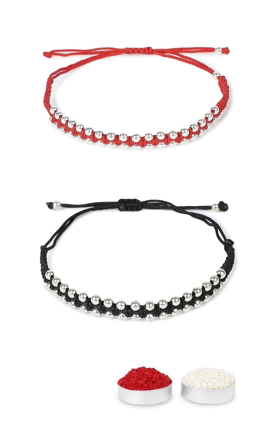 El Regalo 2PCs Simple, Minimalist Beaded Bracelet Rakhi for Brothers/Bhai- Bhabhi with Roli-Chawal, Rakhi Card in Rakhi Gift Box (Black & Red Silver)