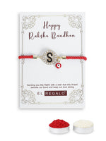 El Regalo Name Initials Evil Eye Bracelet Rakhi for Brother- Name Letter CZ Rakhi with Roli Chawal, Message Card in Rakshabandhan Box for Bhai (Red- S)