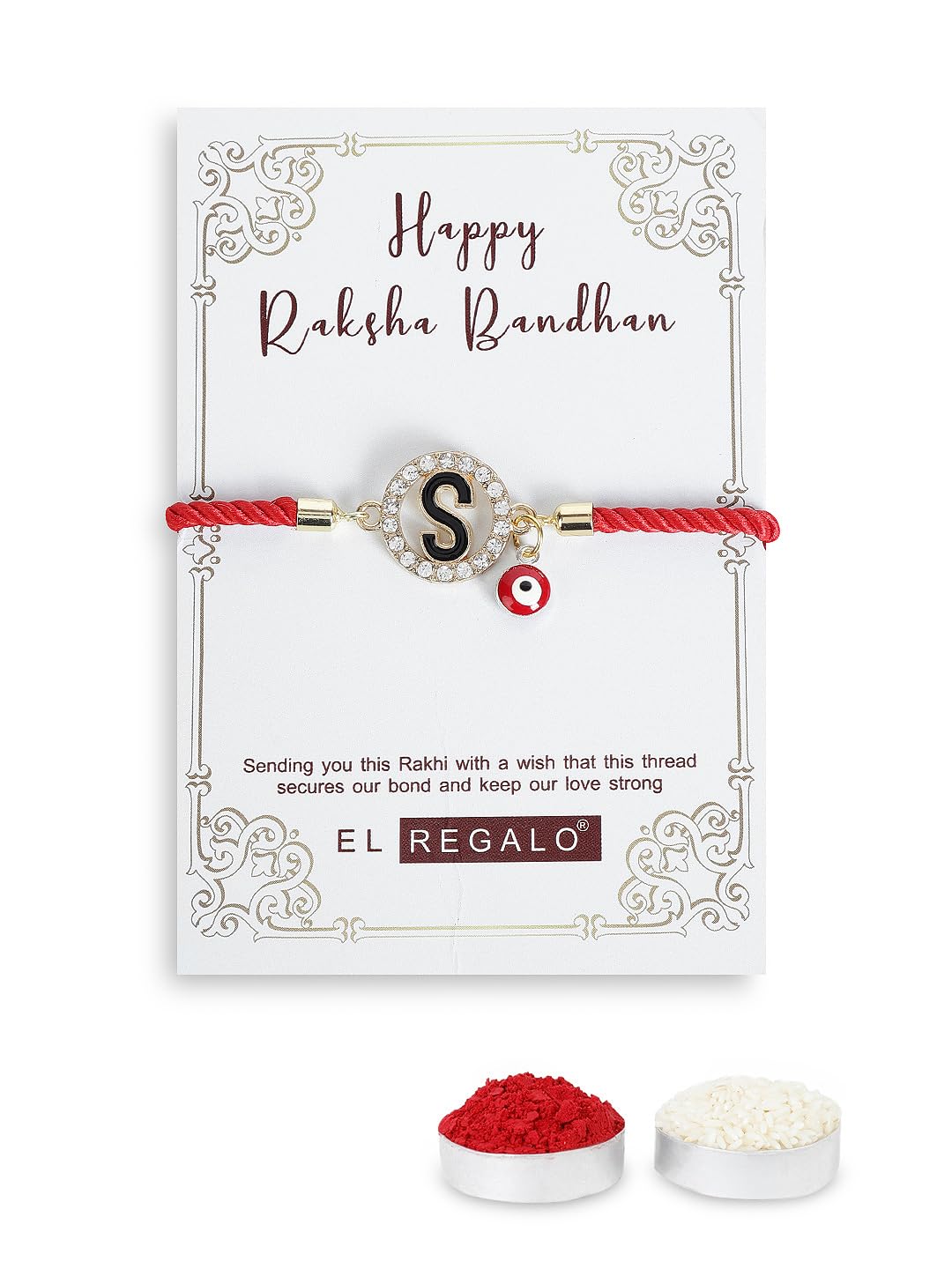 El Regalo Name Initials Evil Eye Bracelet Rakhi for Brother- Name Letter CZ Rakhi with Roli Chawal, Message Card in Rakshabandhan Box for Bhai (Red- S)