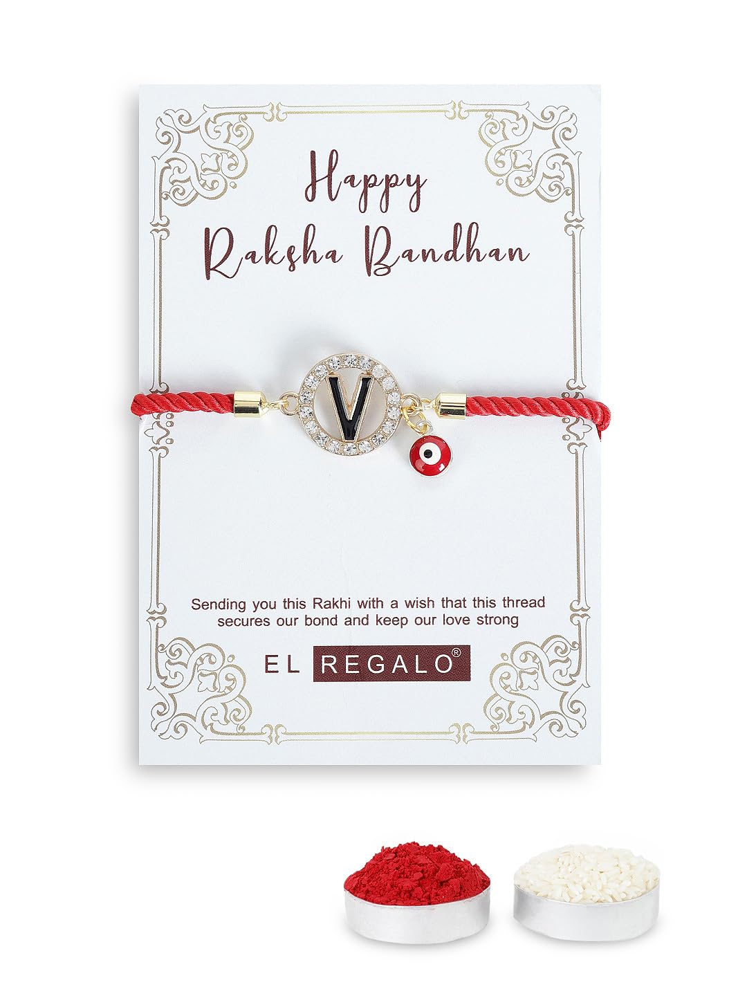 El Regalo Name Initials Evil Eye Bracelet Rakhi for Brother- Name Letter CZ Rakhi with Roli Chawal, Message Card in Rakshabandhan Box for Bhai (Red- V)