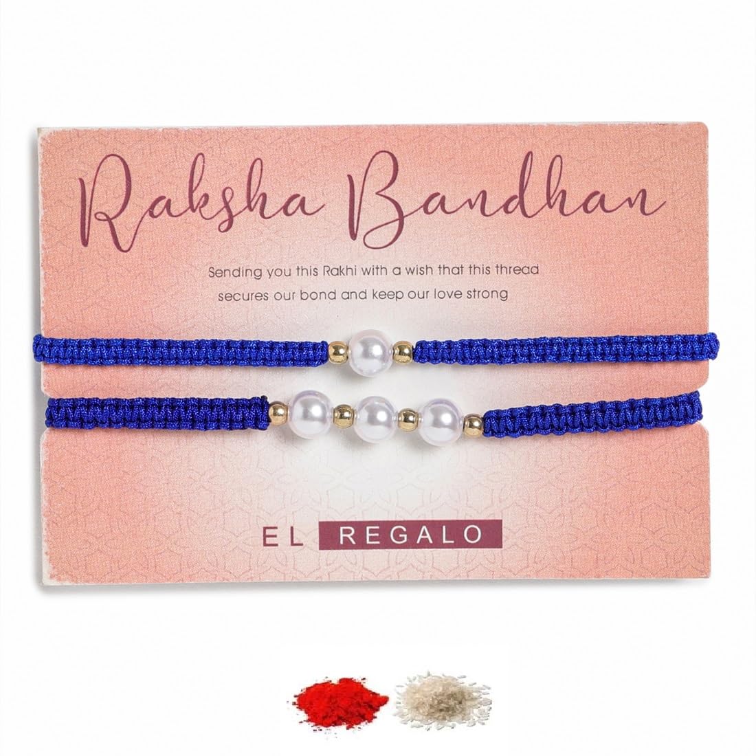 El Regalo 2PCs Pearls Rakhi Combo Set for Bhaiya-Bhabhi/Bhai- Bhatija/Bhatiji- Rakhi Gift Combo with 2 Pearls Rakhi, Roli-Chawal Shagun Pack, Message Card in Gift Box (Blue)