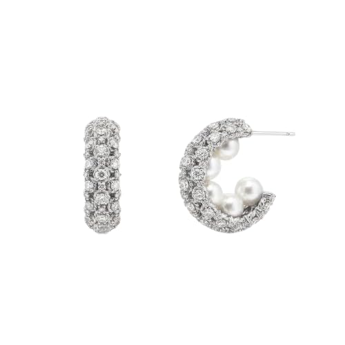 El Regalo Luxury Pearl & Zircon C Half Hoop Earrings for Women - 14K Gold Plated Pave Crystal Studs | Elegant Party Jewellery | Ideal Gift for Anniversary, Wedding & Birthdays (Silver)