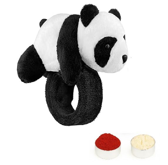 El Regalo Kids Rakhi - Cute Animal Plush Slap Band Rakhi for Boys & Girls | Panda, Shark, Dinosaur & More with Roli Chawal & Rakshabandhan Card | Fun Cartoon Soft Slap Bands for Children (Panda)