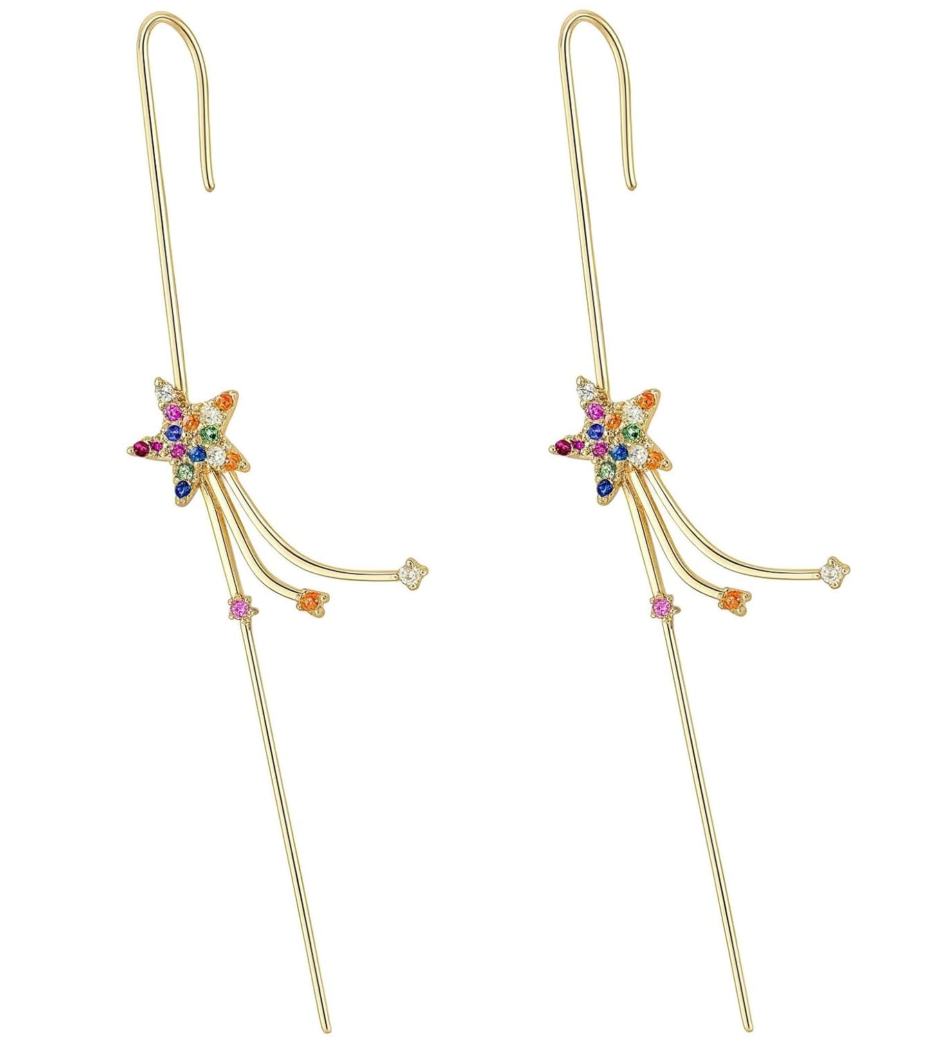 El Regalo 1 Pair Fancy Western Ear Wrap Needle Ear Crawler Earrings - Inlaid Zircon, Elegant Ear Cuff Climber Hook Earrings for Women Girls (CZ Shooting Stars)