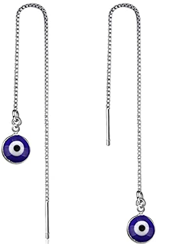 El Regalo 1 Pair Evil Eye Hamsa Hand Earrings - Small Dangle Hoop Earring Dainty Blue Evil Eye Small Simple Hypoallergenic Earrings for Girls & Women (Round Evil Eye Threader)