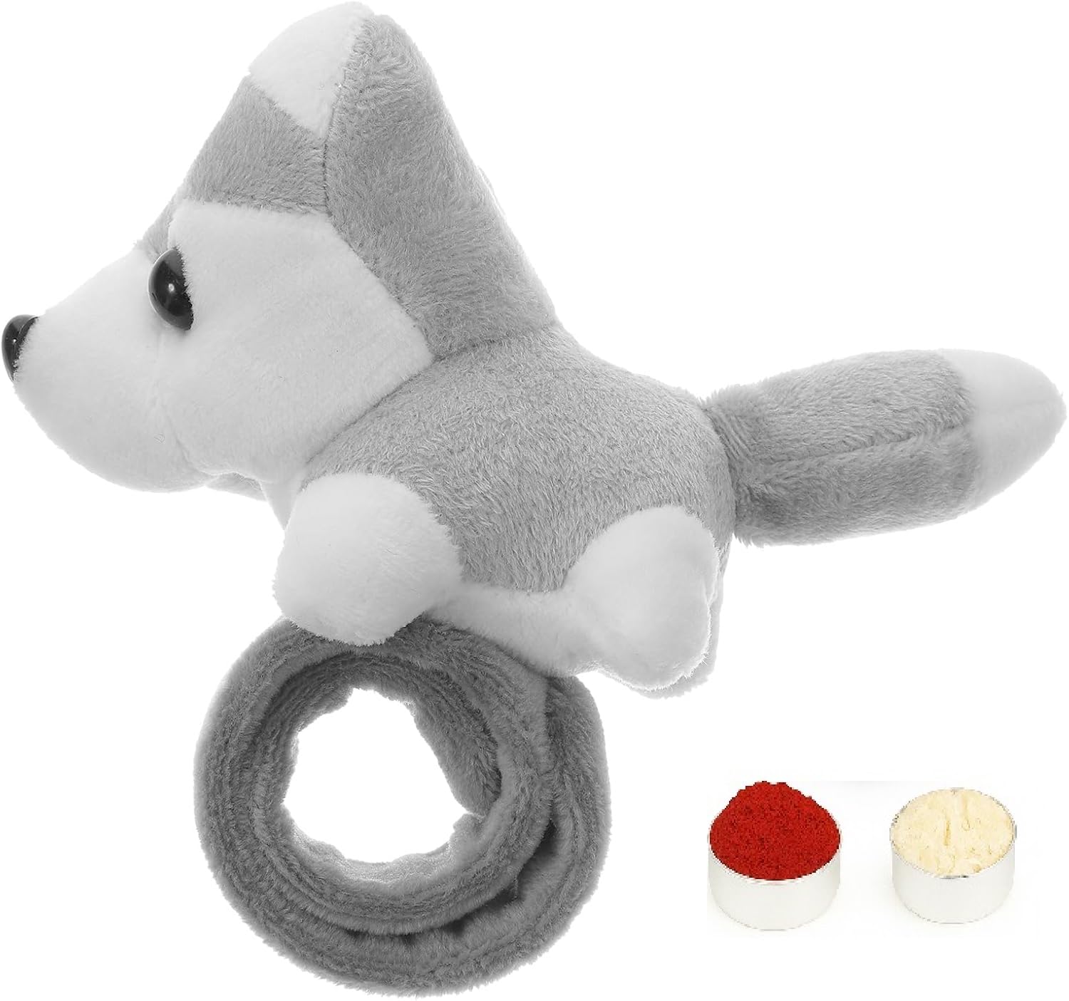 El Regalo Kids Rakhi - Cute Animal Plush Slap Band Rakhi for Boys & Girls | Panda, Shark, Dinosaur & More with Roli Chawal & Rakshabandhan Card | Fun Cartoon Soft Slap Bands for Children (husky puppy Grey)