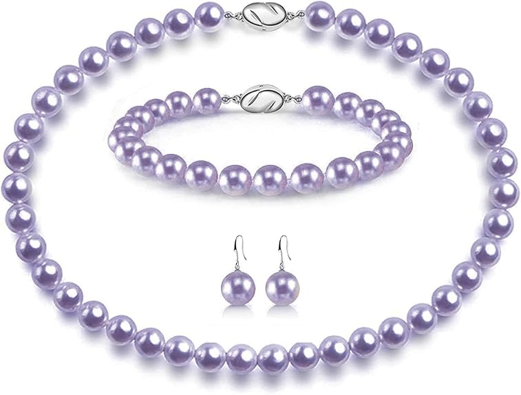 El Regalo Elegant 3-Piece Pearls Jewelry Set Includes Strand Mala, Stunning Bracelet & Dangle Earrings | Premium 8mm Round Shell Pearl Necklace Set for Women | Luxury Party Gifting (Purple)