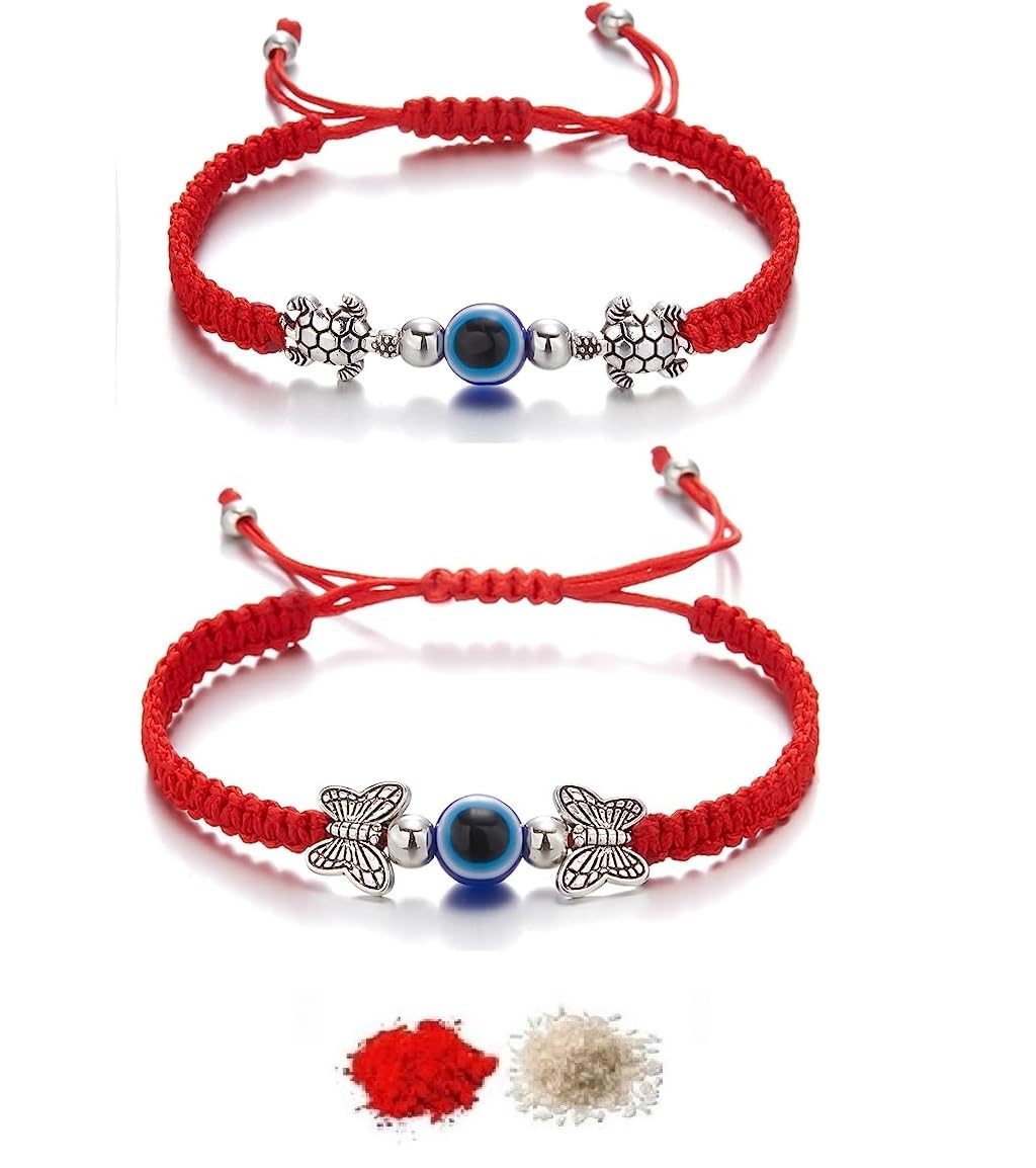 El Regalo 2PCs Evil Eye Rakhi Combo Set for Bhai-Bhabhi or Bhai-Bhatija/Bhatiji- Eye Rakhis Set with Roli Chanwal, Rakhi Card in Rakhi Gift Box (Option-2)