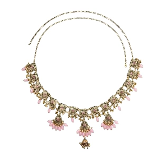 El Regalo Bohemian Vintage Hollow Waist Chain for Women - Indian Ethnic Golden Belly Chain with Beads, Tassels, Jhumkas & Bells - Adjustable Waist/Hip Body Belt for Saree, Lehenga & Dresses (Pink)