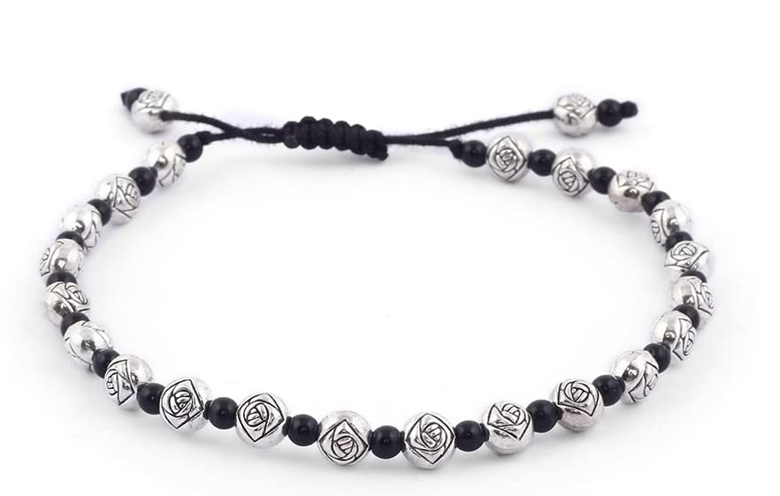 El Regalo Oxidized German Silver Thread Adjustable Beaded Bohemian Fashion Charm Anklets for Women & Girls | 1 Leg Anklets for Girls & Women (1 PC) (Flower Beads Anklet)