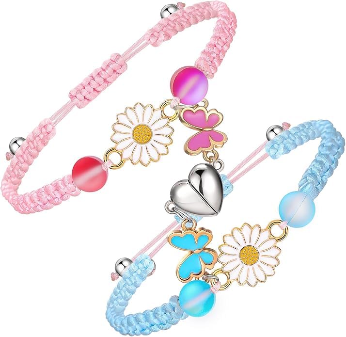 El Regalo 2PCs Magnetic Heart BFF Bracelets Set for Girls- Infinity Heart, Flower, Butterfly Best Friends Friendship Bracelets Jewelry for Teen Girls (Flowers)