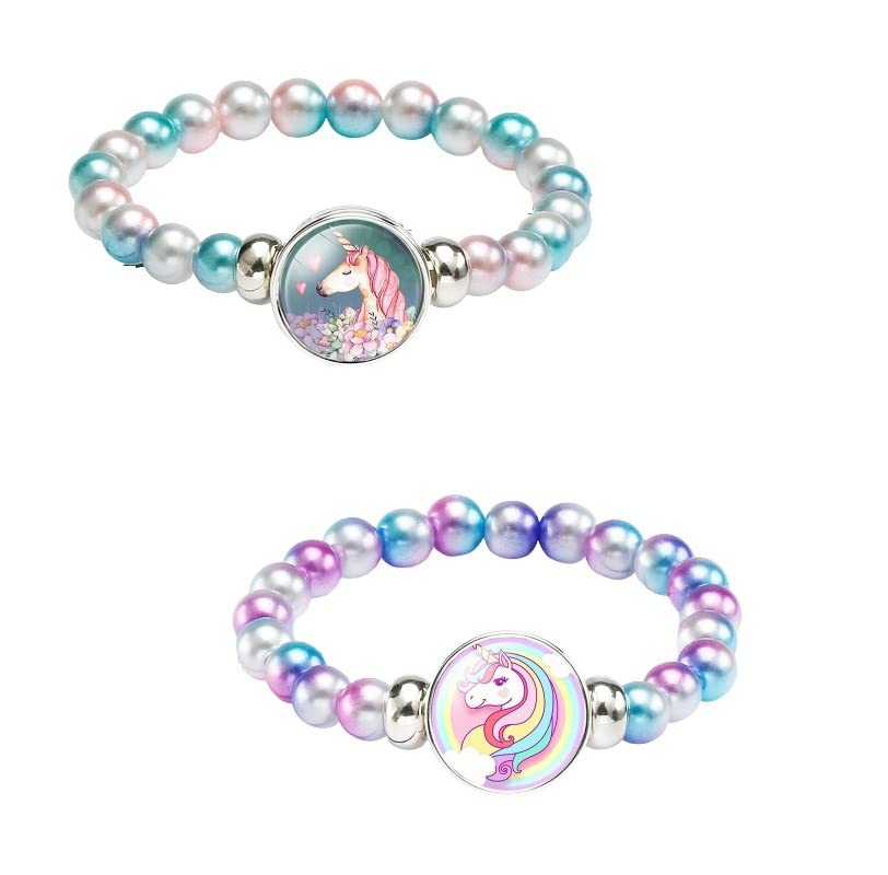 El Regalo 2 PCS Unicorn Bracelets for Girls, Rainbow Beads Bracelet Snap Holder Buttons Beaded Bubble Bracelet Pack for Kids Girls (Option-3)