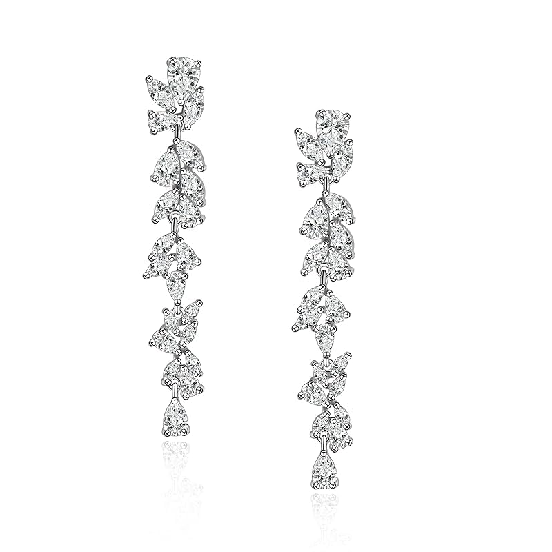 El Regalo Womens Leaf Cubic Zirconia Bridal Earrings for Wedding- Teardrop Crystal Chandelier Dangle Earrings - Flower Vine Diamond Drop Earrings