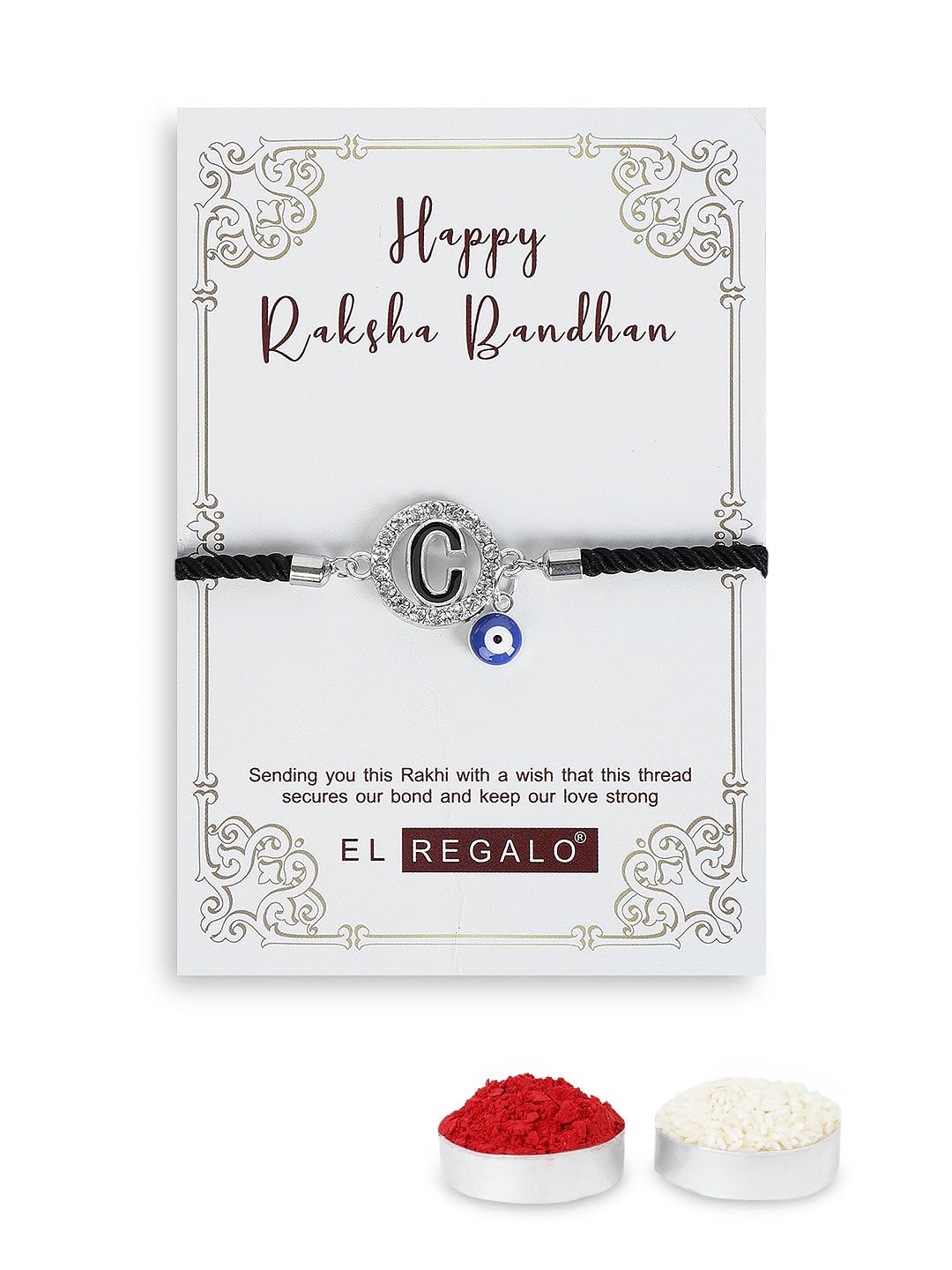 El Regalo Name Initials Evil Eye Bracelet Rakhi for Brother- Name Letter CZ Rakhi with Roli Chawal, Message Card in Rakshabandhan Box for Bhai (Black-C)
