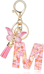 El Regalo Personalized Name Initials Butterfly Charm Keychain - Custom Letter Keyring with Pink Tassel & Butterfly Pendant, Purse, Bag, Backpack Accessory (M Letter)