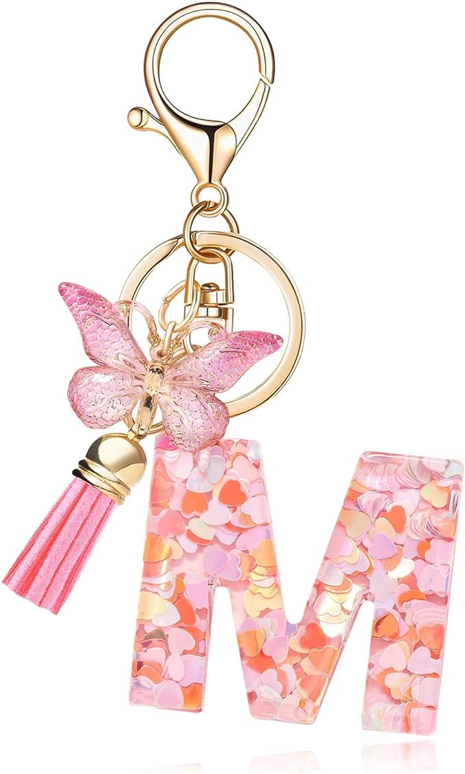 El Regalo Personalized Name Initials Butterfly Charm Keychain - Custom Letter Keyring with Pink Tassel & Butterfly Pendant, Purse, Bag, Backpack Accessory (M Letter)