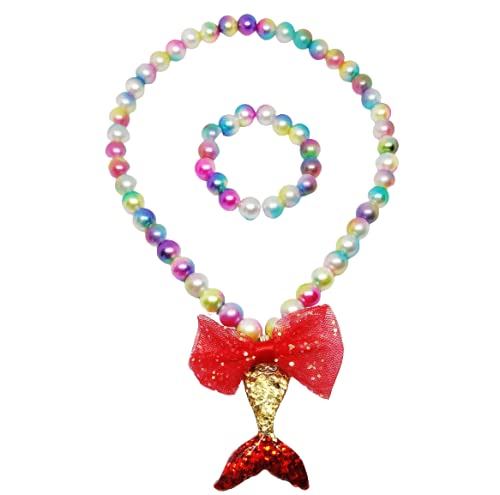 El Regalo Girls Princess Necklace Bracelet with Colorful Mermaid Shiny Beads Bow Kids Stretchy Costume Jewelry Gift Party Favors Dress up Jewelry for Little Girl Toddler (Glittery Red)