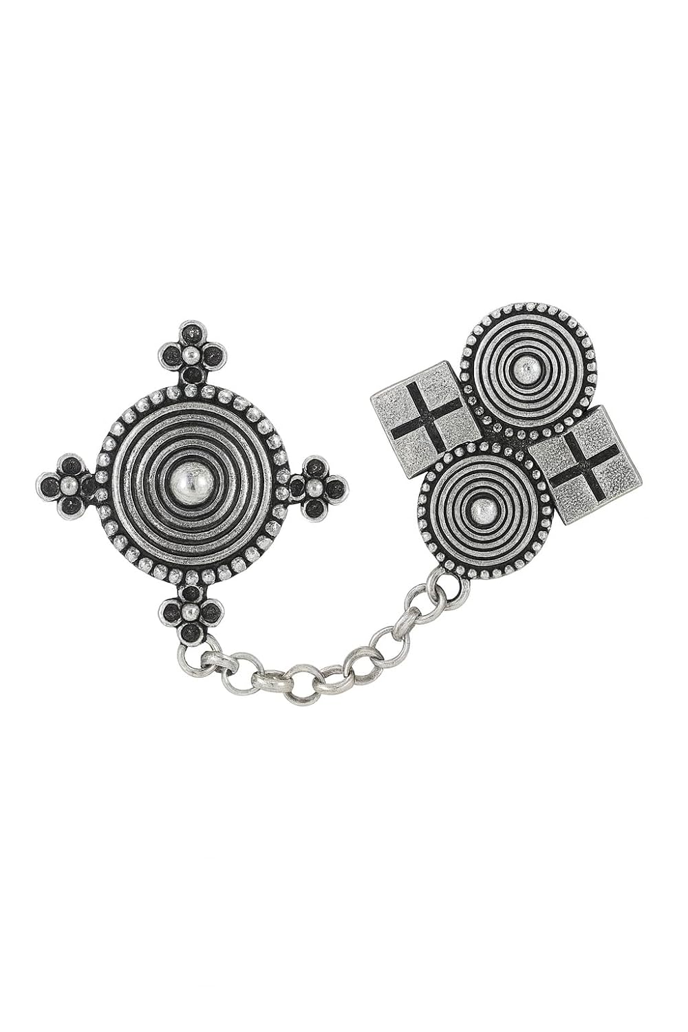 El Regalo Unique Oxidized Brass Floral Finger Rings with Chain- Silver Lookalike Oxidized Chain Dual Finger Adjustable Designer Rings (Style-2)