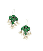 El Regalo 925 Silver Plated Stones Studded Cluster Pearls Dangle Hook Oxidized Earrings - Handcrafted Elegant Jewelry for Women (Green)