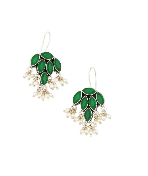 El Regalo 925 Silver Plated Stones Studded Cluster Pearls Dangle Hook Oxidized Earrings - Handcrafted Elegant Jewelry for Women (Green)
