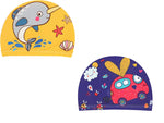 El Regalo 2 PCs Swim Cap Kids/Toddlers, Comfortable Breathable Polyester Fabric Swimming Caps Cute Cartoon Dolphin, Shark, Owl, Mermaid Fairy, Unicorn, Giraffe Swim Caps (Yellow Dolphin & Car)