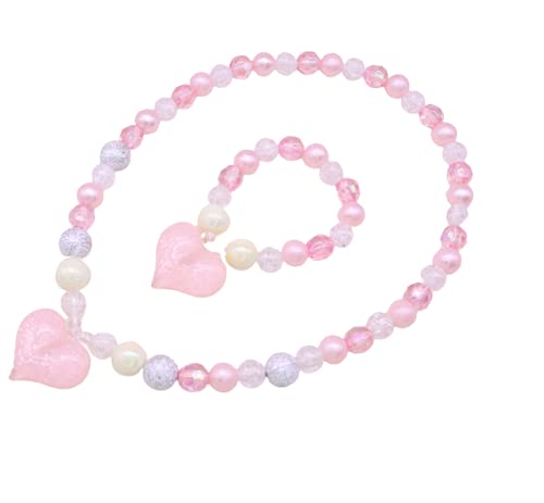 El Regalo 2 PC Girls Kids Shiny Pink Heart Resin & Acrylic Beads Jewelry Sets | Colorful Princess Heart Beaded Necklace & Bracelet Sets, Princess Necklace Bracelet Set for Toddlers/Girls/Kids