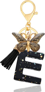El Regalo Personalized Name Initials Butterfly Charm Keychain - Name Letter Keyring with Black & Golden Tassel & Butterfly Pendant, Purse, Bag, Backpack Accessory (E Letter)
