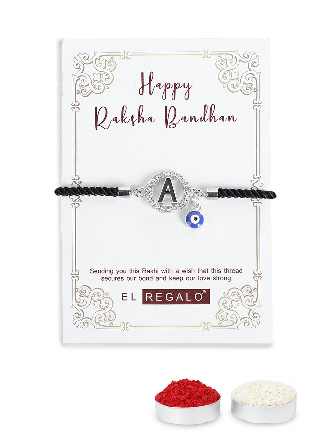 El Regalo Name Initials Evil Eye Bracelet Rakhi for Brother- Name Letter CZ Rakhi with Roli Chawal, Message Card in Rakshabandhan Box for Bhai (Black- A)