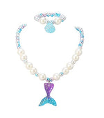 El Regalo 2 PCs Girls Kids Mermaid Princess Necklace & Bracelet Set with Colorful Mermaid Shiny Beads Bow - Costume Jewelry Favors Dress up Jewelry (Blue Mermaid Set)