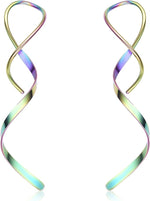 El Regalo Western Spiral Twisted Threader Earrings for Girls & Women- Stainless Steel/Anti-Tarnish Drop Dangle Handmade Twisted Linear Curved Minimal Everyday Earrings (Rainbow)