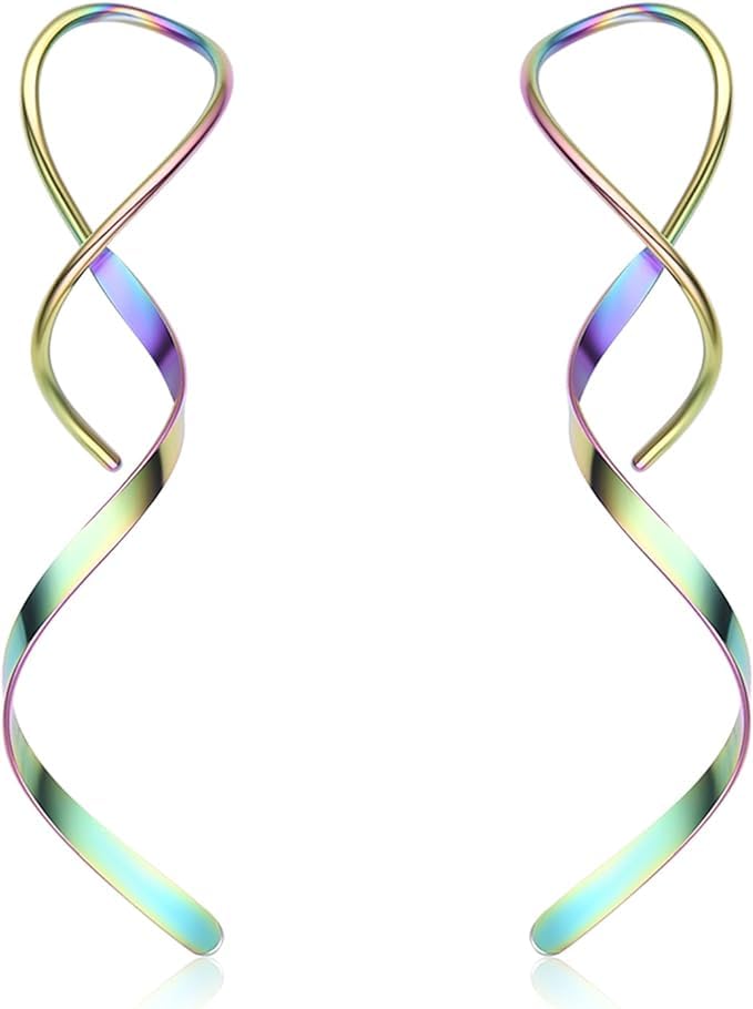El Regalo Western Spiral Twisted Threader Earrings for Girls & Women- Stainless Steel/Anti-Tarnish Drop Dangle Handmade Twisted Linear Curved Minimal Everyday Earrings (Rainbow)
