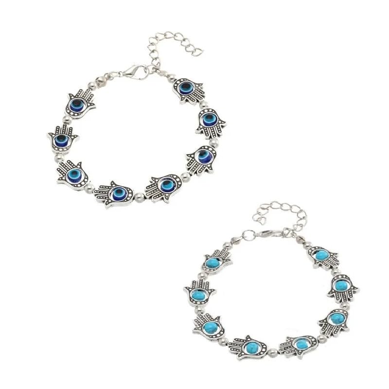El Regalo Evil Eye Hamsa Hand Turquoise Green Beads Bracelet for Girls & Women- Antique Finish Hamsa Hand Sleek Bracelet (1 Blue + 1 Green beads)