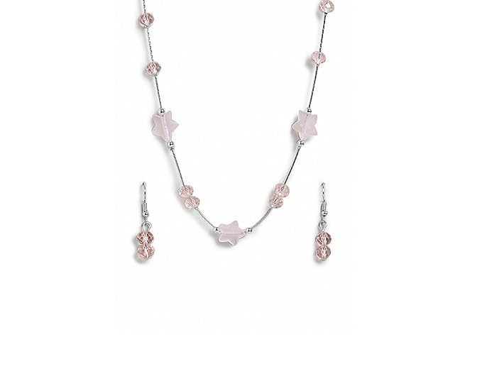 El Regalo 2PCs Crystals Beads Necklace & Earrings Jewelry Set for Kids/Girls & Teens - Shimmering/Matt Crystal Beads Fancy Jewelry Set (Pink Stars)